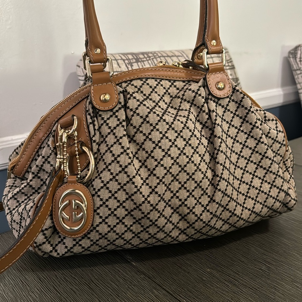 💯 GUCCI Diamante Sukey Beige Brown Canvas Leather Shoulder Bag
